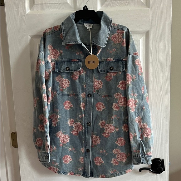 BiBi Blue Floral Jean Shacket - Picture 2 of 6